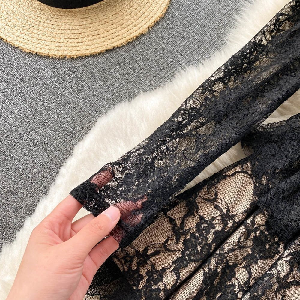 Square Collar Full Sleeve Slim Waist A-line lace dress Periwinkley Shop