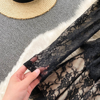 Square Collar Full Sleeve Slim Waist A-line lace dress Periwinkley Shop