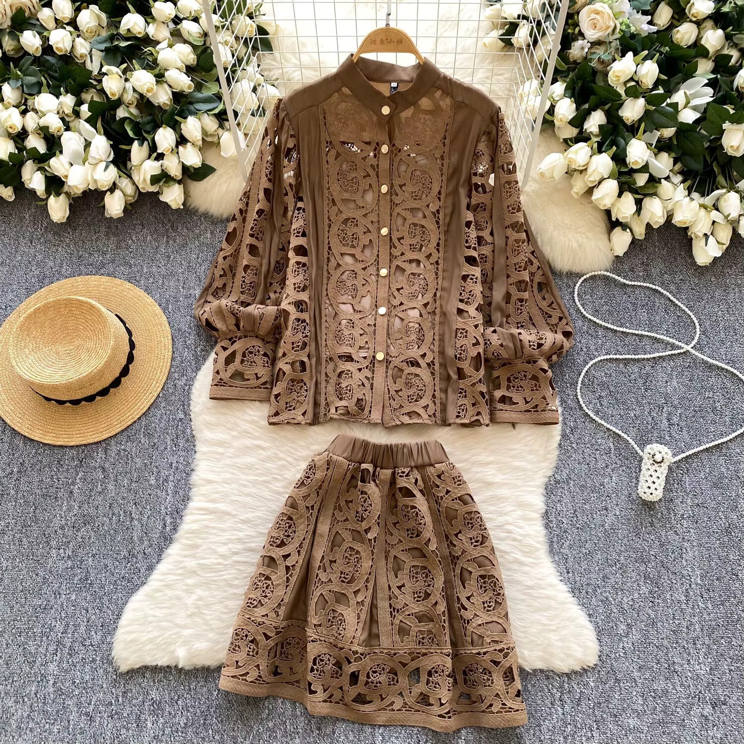 Elegant hollow out short dress 2 piece sets  long sleeve loose oversized shirts + mini skirts suits Periwinkley Shop