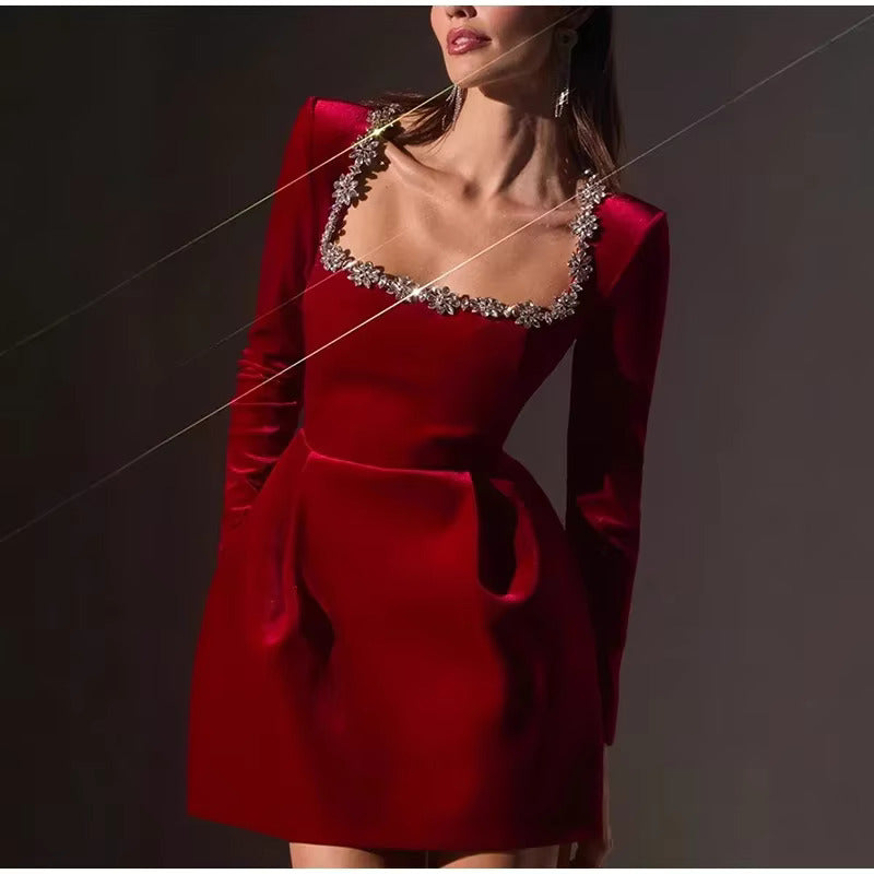 Slim Rhinestone Square Collar Dress Velvet Long Sleeve High Waist A-line Mini Dresses Periwinkley Shop