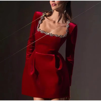 Slim Rhinestone Square Collar Dress Velvet Long Sleeve High Waist A-line Mini Dresses Periwinkley Shop
