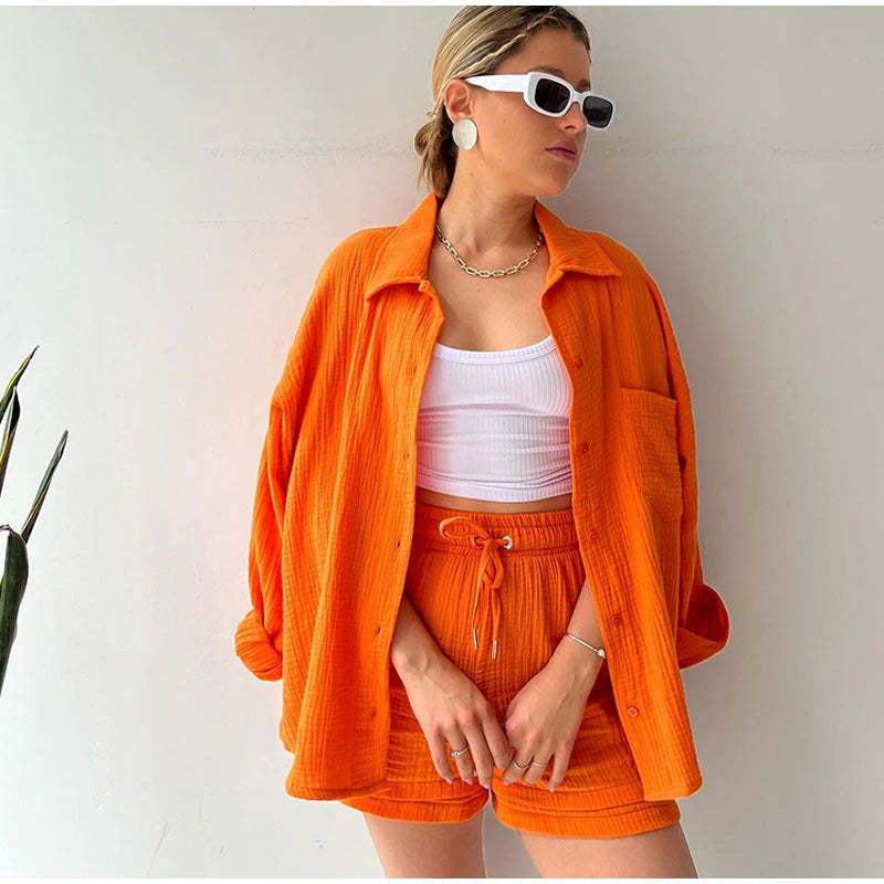 2 Piece Casual Turn-Down Collar Top with Shorts Gauze Cardigan-Orange Periwinkley Shop