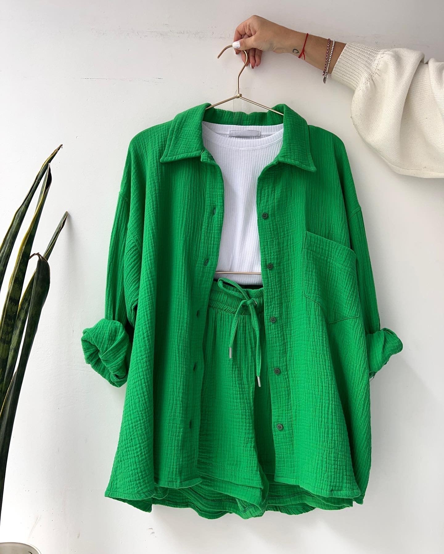 2 Piece Casual Turn-Down Collar Top with Shorts Gauze Cardigan- Green Periwinkley Shop