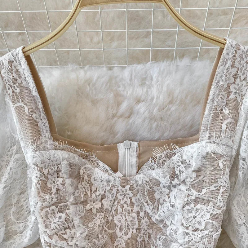 Floral Lace Fairy Long Flare Sleeve Padded Square Collar Dress Periwinkley Shop