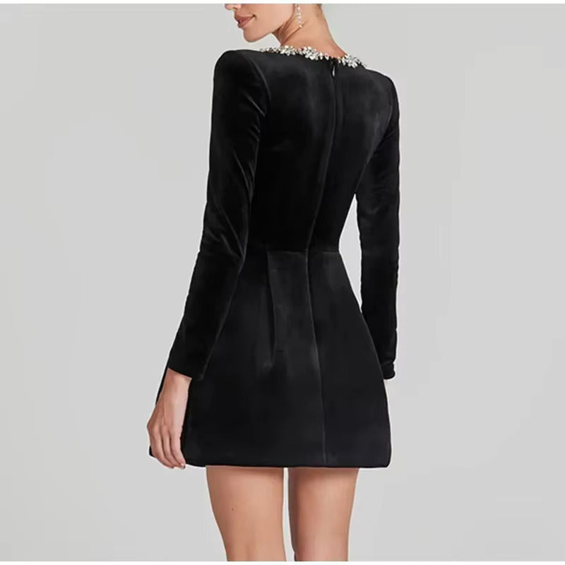 Slim Rhinestone Square Collar Dress Velvet Long Sleeve High Waist A-line Mini Dresses Periwinkley Shop