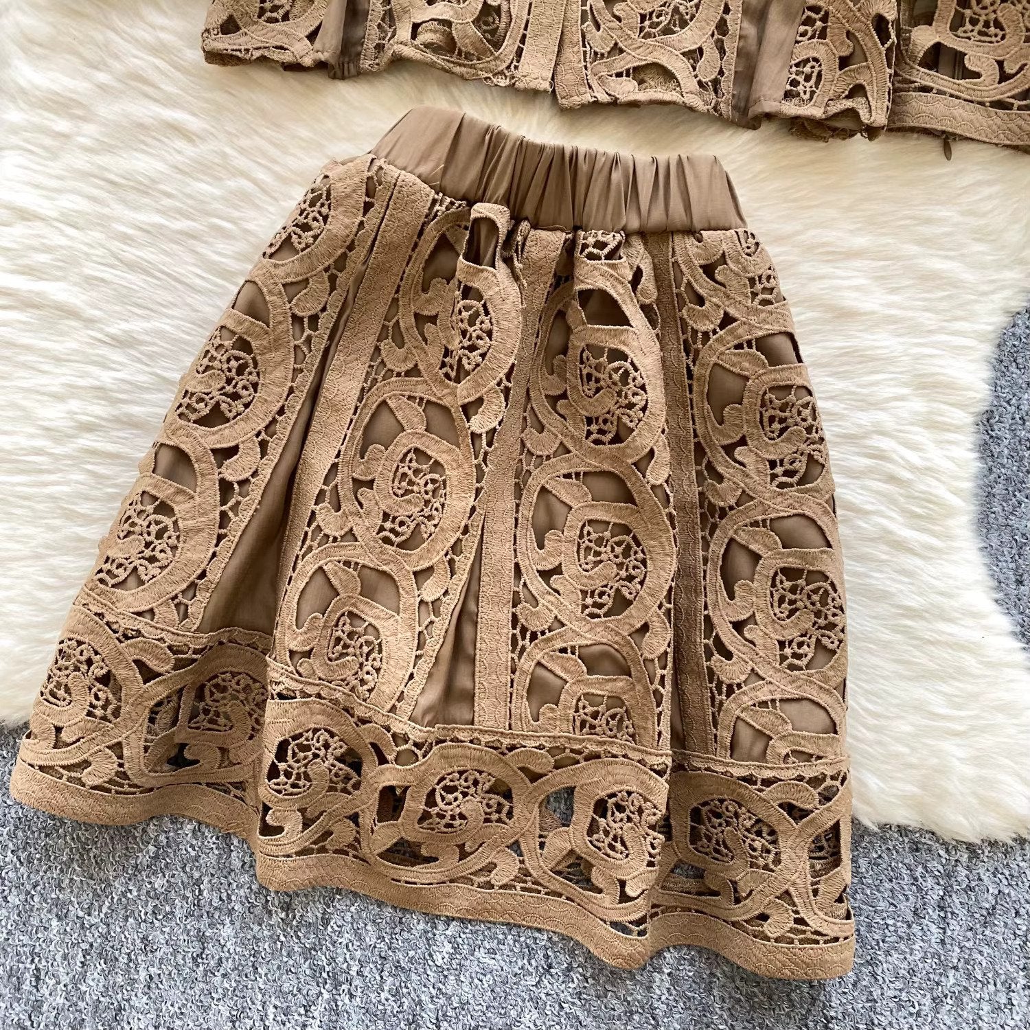 Elegant hollow out short dress 2 piece sets  long sleeve loose oversized shirts + mini skirts suits Periwinkley Shop