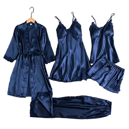 Victoria Summer Silk Pajamas 5 Piece loungewear  - Navy Blue