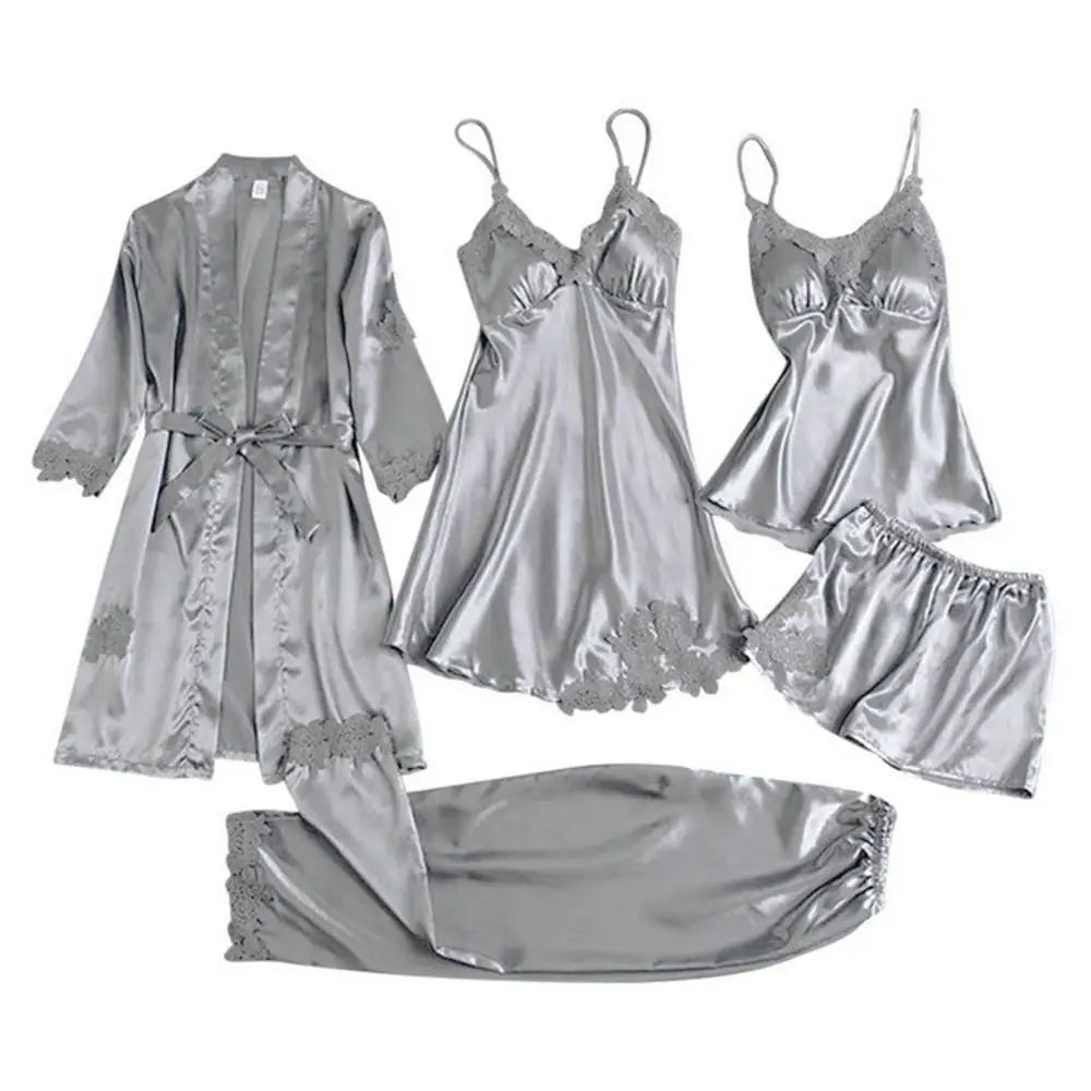 Victoria Summer Silk Pajamas 5 Piece loungewear  - Grey