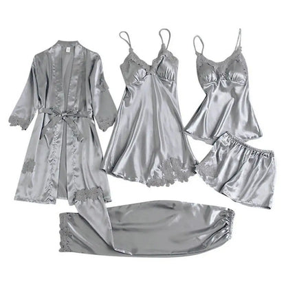 Victoria Summer Silk Pajamas 5 Piece loungewear  - Grey