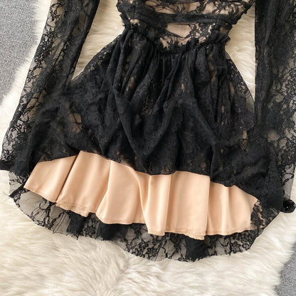 Square Collar Full Sleeve Slim Waist A-line lace dress Periwinkley Shop