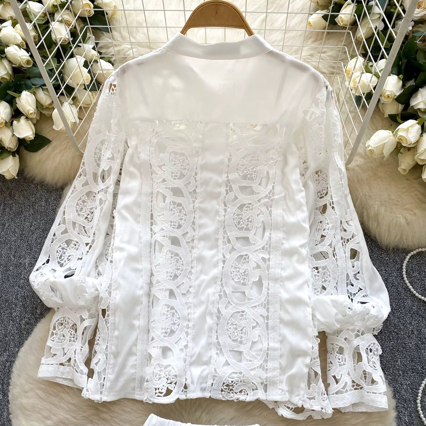 Elegant hollow out short dress 2 piece sets  long sleeve loose oversized shirts + mini skirts suits Periwinkley Shop