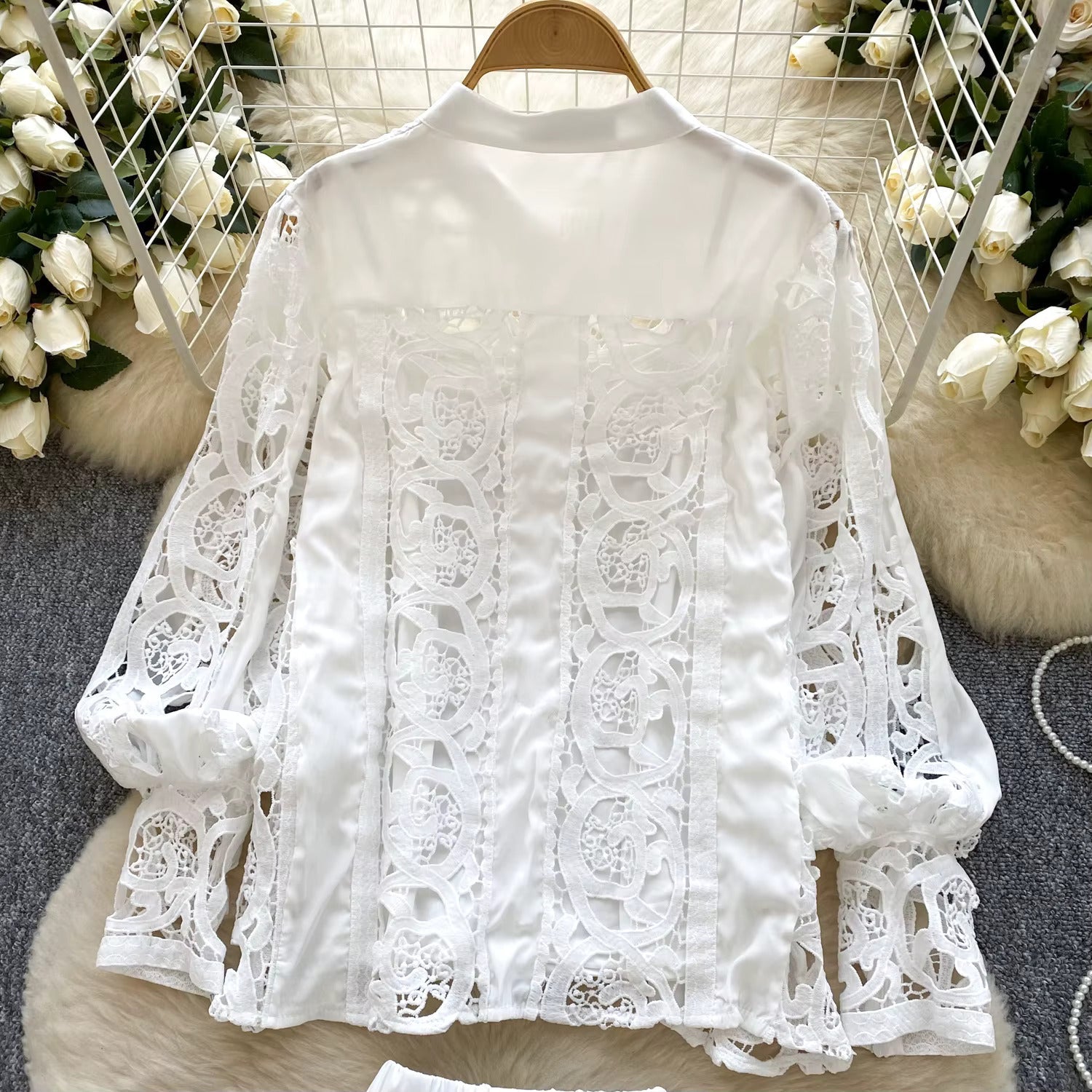 Elegant hollow out short dress 2 piece sets  long sleeve loose oversized shirts + mini skirts suits Periwinkley Shop