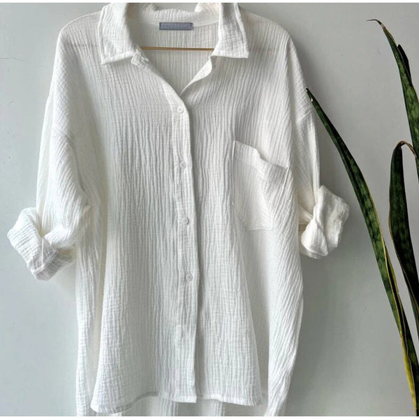 2 Piece Casual Turn-Down Collar Top with Shorts Gauze Cardigan- White Periwinkley Shop