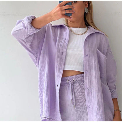 2 Piece Casual Turn-Down Collar Top with Shorts Gauze Cardigan- Purple Periwinkley Shop