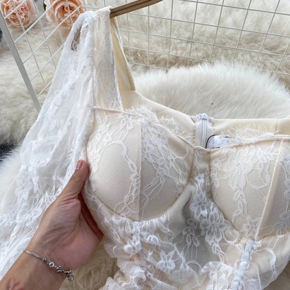 Floral Lace Fairy Long Flare Sleeve Padded Square Collar Dress Periwinkley Shop