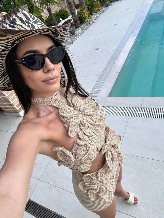 Mia Halterneck Crochet Applique Cutout Short Dress -Khaki Periwinkley Shop