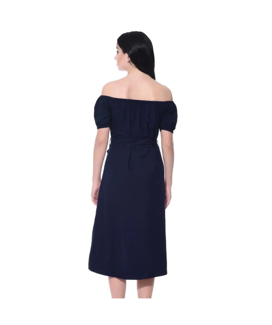Solid Navy Off Shoulder Buttoned Down Dress Periwinkley Shop