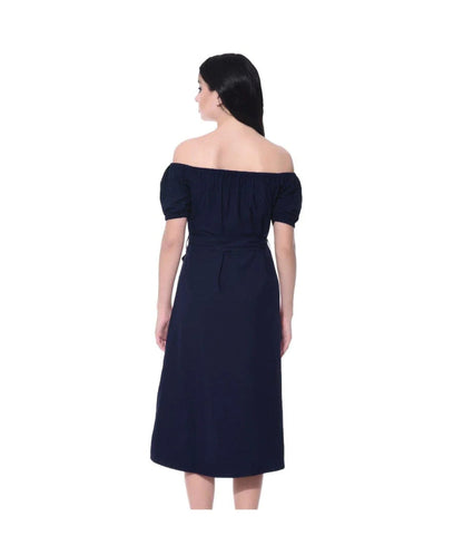 Solid Navy Off Shoulder Buttoned Down Dress Periwinkley Shop