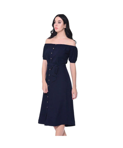 Solid Navy Off Shoulder Buttoned Down Dress Periwinkley Shop
