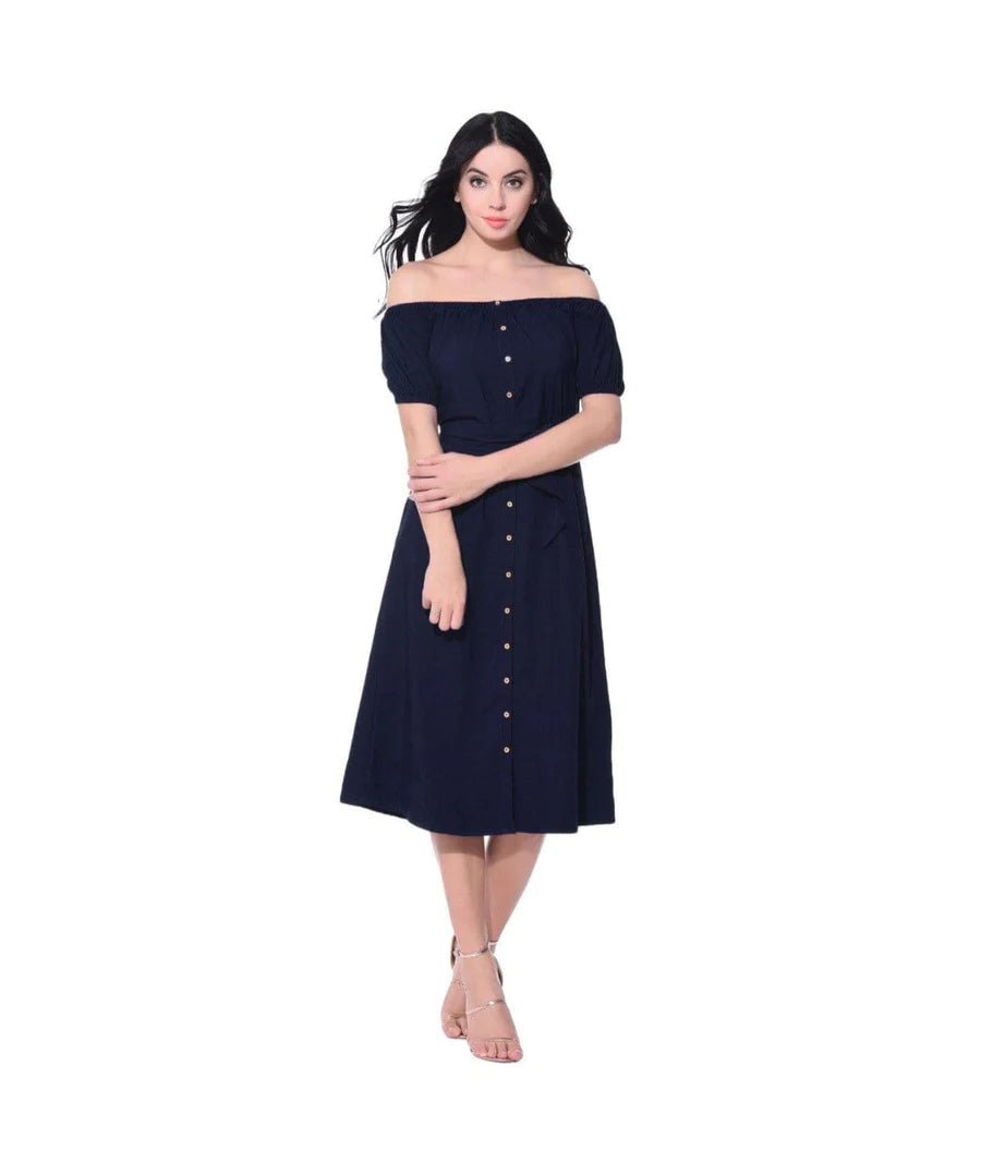 Solid Navy Off Shoulder Buttoned Down Dress Periwinkley Shop