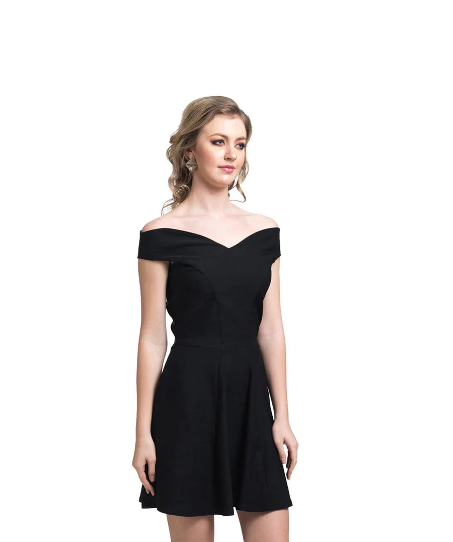 Solid Black Off Shoulder Stretchable Cotton Dress Periwinkley Shop