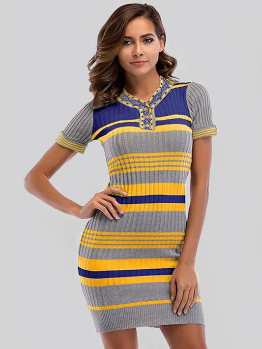Bodycon Grey-Yellow Short V-Neck Dress Periwinkley Shop