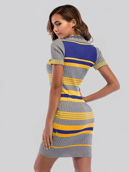Bodycon Grey-Yellow Short V-Neck Dress Periwinkley Shop