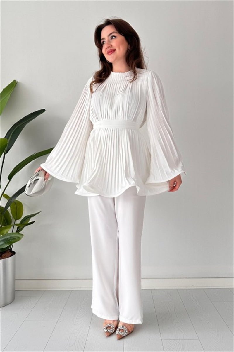 Women's Fashion Casual Belt Pleated Loose Top Wide Leg Pants Two Piece Set- White Periwinkley Shop