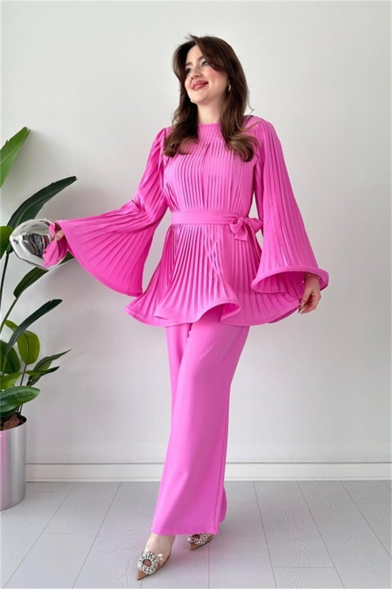 Women's Fashion Casual Belt Pleated Loose Top Wide Leg Pants Two Piece Set-  Pink Periwinkley Shop