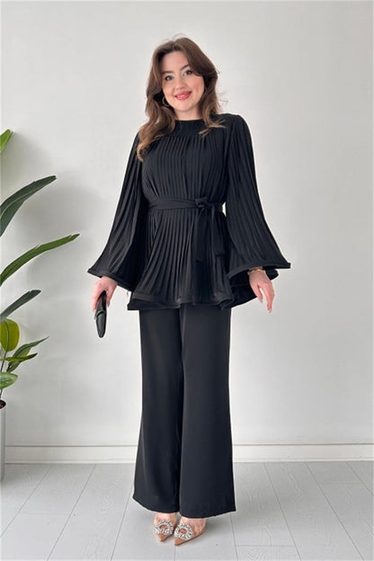 Women's Fashion Casual Belt Pleated Loose Top Wide Leg Pants Two Piece Set-  Black Periwinkley Shop