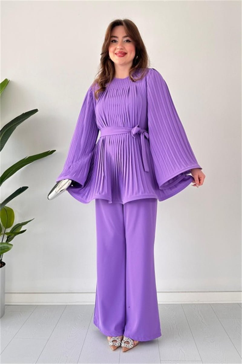 Women's Fashion Casual Belt Pleated Loose Top Wide Leg Pants Two Piece Set-  purple Periwinkley Shop