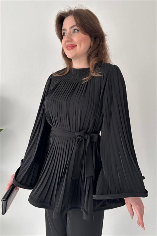 Women's Fashion Casual Belt Pleated Loose Top Wide Leg Pants Two Piece Set-  Black Periwinkley Shop