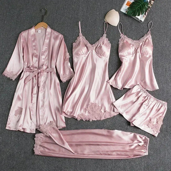 Victoria Summer Silk Pajamas 5 Piece loungewear  - Pink Periwinkley Shop