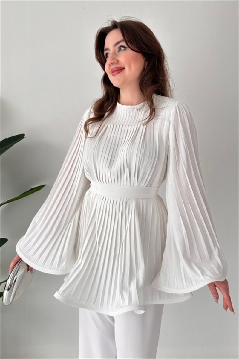 Women's Fashion Casual Belt Pleated Loose Top Wide Leg Pants Two Piece Set- White Periwinkley Shop
