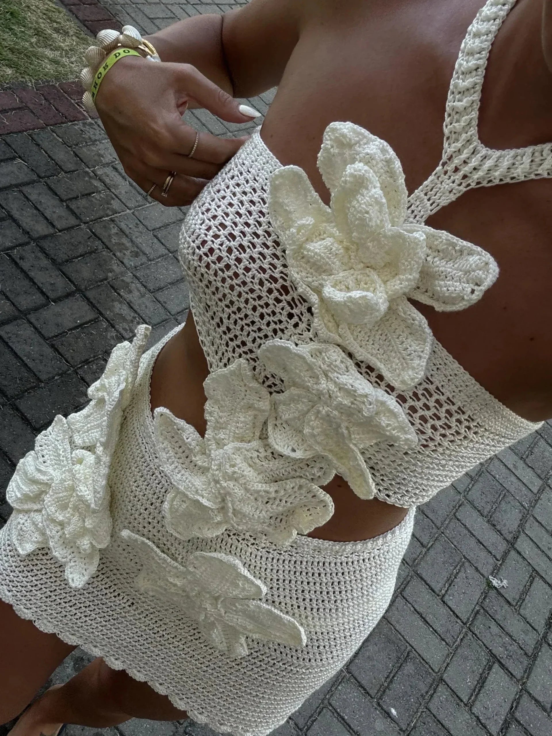 Mia Halterneck Crochet Applique Cutout Short Dress -White Periwinkley Shop