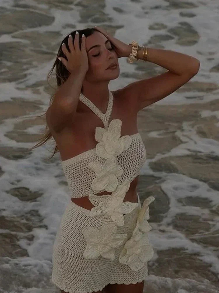 Mia Halterneck Crochet Applique Cutout Short Dress -White Periwinkley Shop