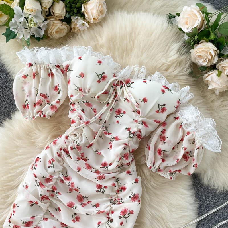 Lace Slash Neck Strapless  Puff Sleeve Flowers Short Dress