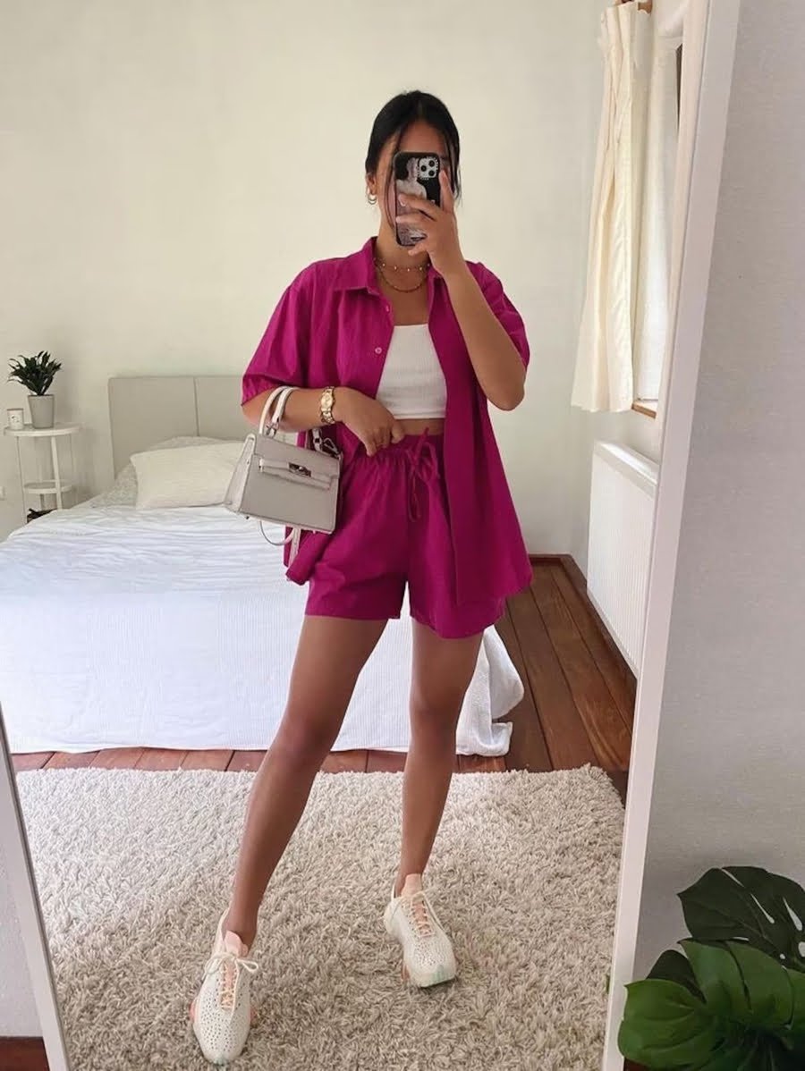 Set of 3: Pink Oversized Shirt & Shorts With a Complementary White Top Periwinkley Shop