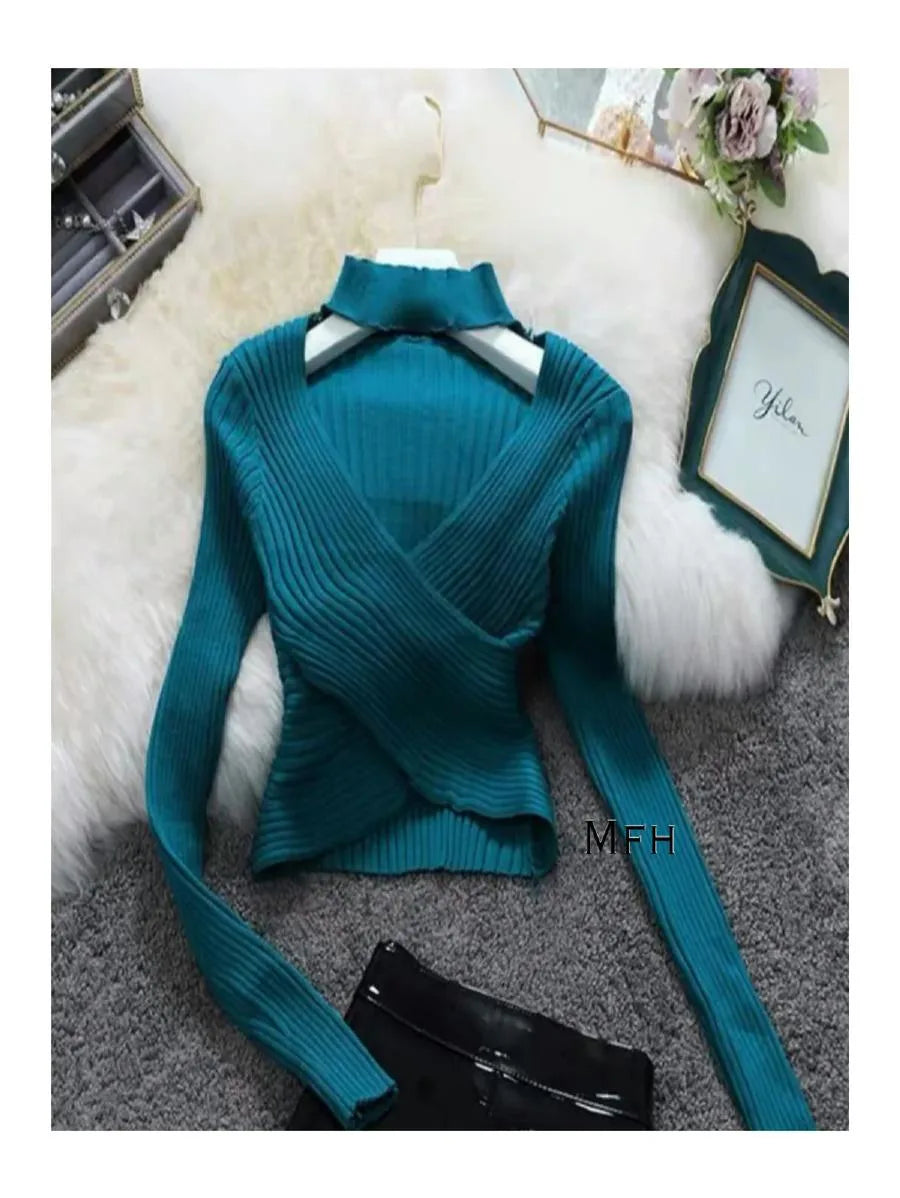 Long Sleeve V-Neck Criss-Cross Crop Pullover Periwinkley Shop