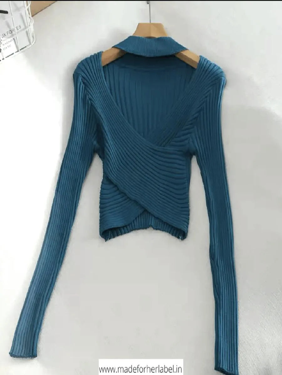 Long Sleeve V-Neck Criss-Cross Crop Pullover Periwinkley Shop