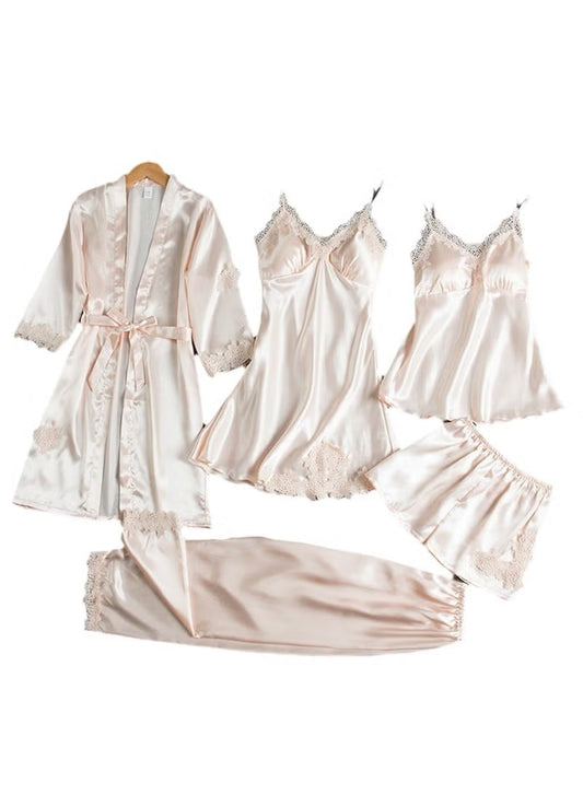 Victoria Summer Silk Pajamas 5 Piece loungewear  - Beige