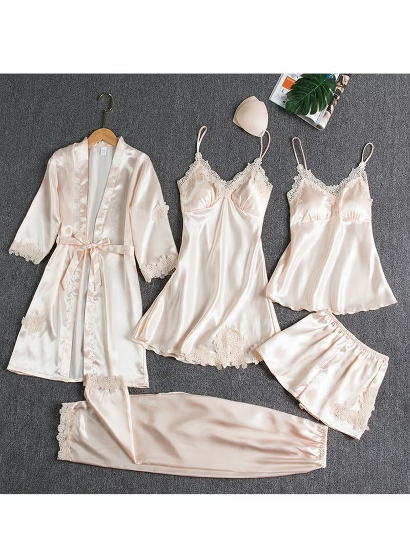 Victoria Summer Silk Pajamas 5 Piece loungewear  - Beige