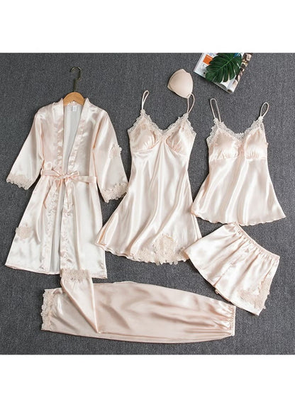 Victoria Summer Silk Pajamas 5 Piece loungewear  - Beige