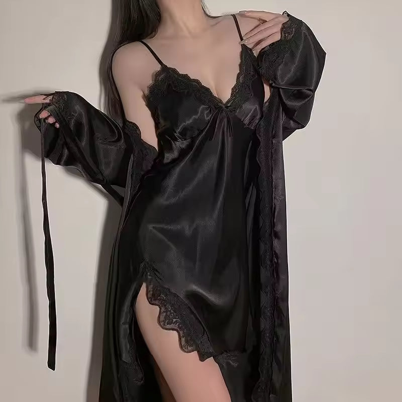 Victoria Summer Silk Pajamas 5 Piece loungewear  - Black