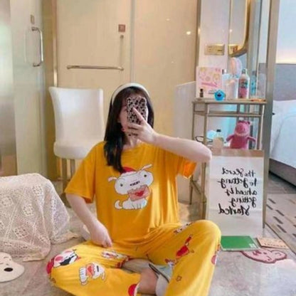 Cute Cartoon Yellow Night Suit Set – Women’s Printed Cotton T-Shirt & Pajama Set