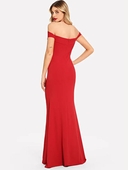 off shoulder red prom dress