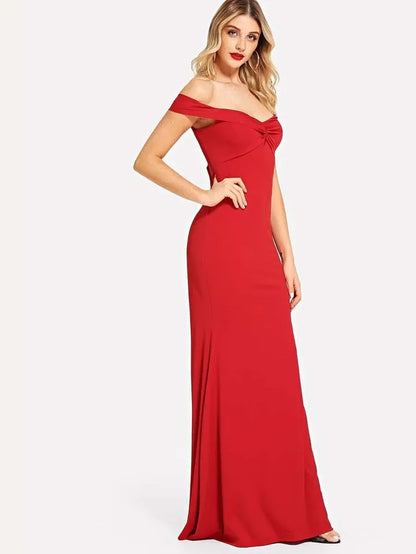off shoulder red prom dress