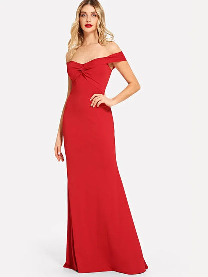 off shoulder red prom dress