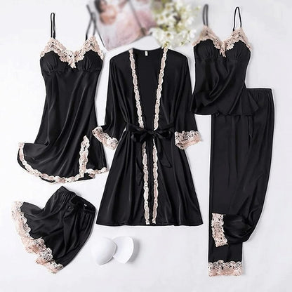 Emily Summer Pajama 5 Piece loungewear, Night suit Set -BLack