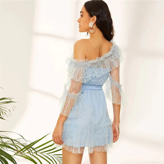 asymmetric shoulder lace overlay shirred waist dress Periwinkley Shop